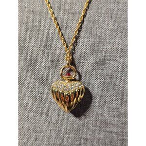 Joan Rivers Gold Tone Clear Rhinestone Heart Pendant Red Gripoix Accent Necklace